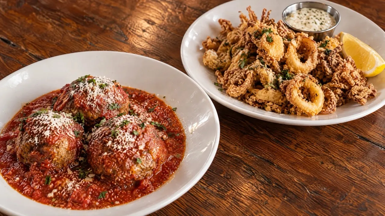 Meatballs in marinara and a plate of fried calamari with lemon