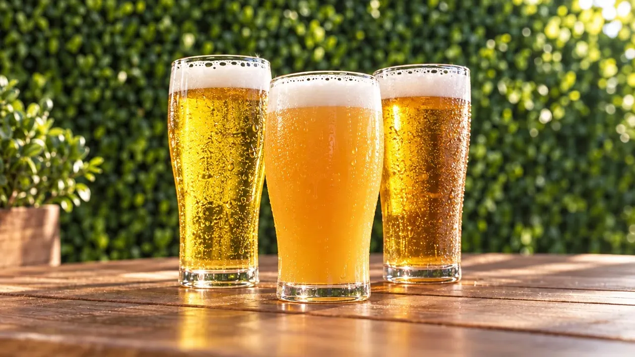 Three pints of draft beer on a table in front of a green hedge